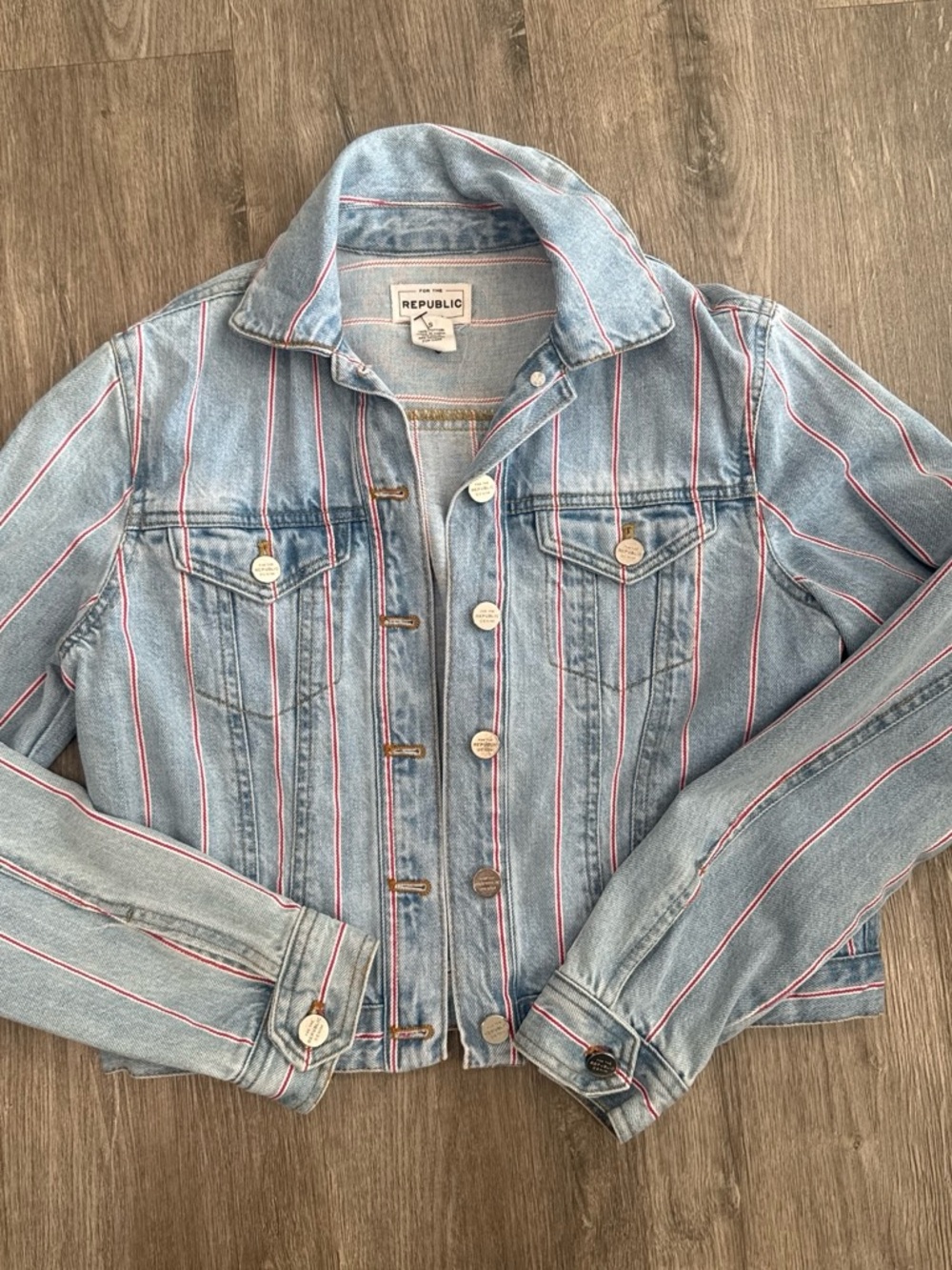For The Republic Light Blue Denim Jacket with Red Stripes